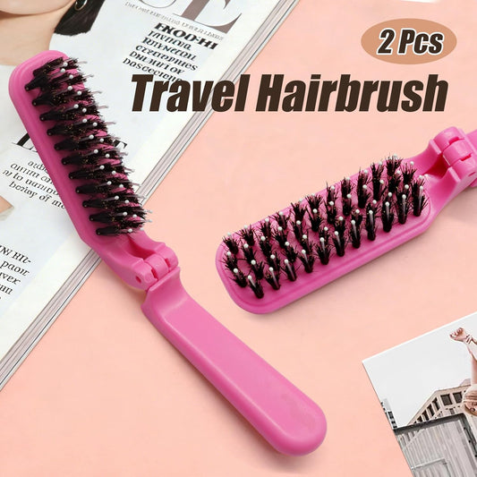 Biaungdo 2 Pack Foldable Hair Brush, Boar Bristle Hair Brush for Women & Men, Mini Travel Hairbrush Portable Collapsible Pocket Comb for Any Hair Types (Hot Pink)