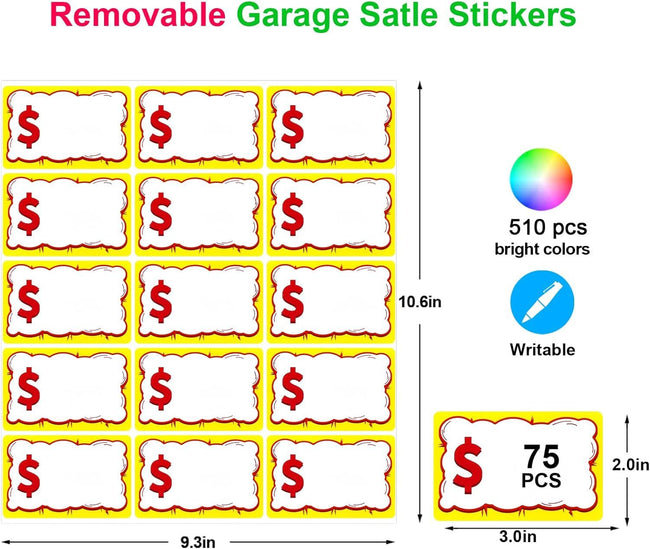 510 PCS Removable Garage Sale Price Stickers, 3"x2" Price stickers or Yard Sales, lea Markets, County airs & Retail Use, Pricemarker Labels, Colours Round Price Tags Main Image