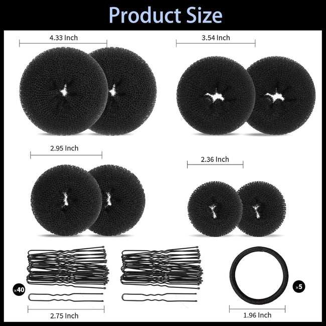Hair Bun Maker Set- 8 PCS Hair Donuts or Buns (2 Extra-large,2 Large,2 Medium and 2 Small), 40 PCS Bobby Pins, 5 PCS Hair Elastic Ties Black,Bun Maker - Black Main Image