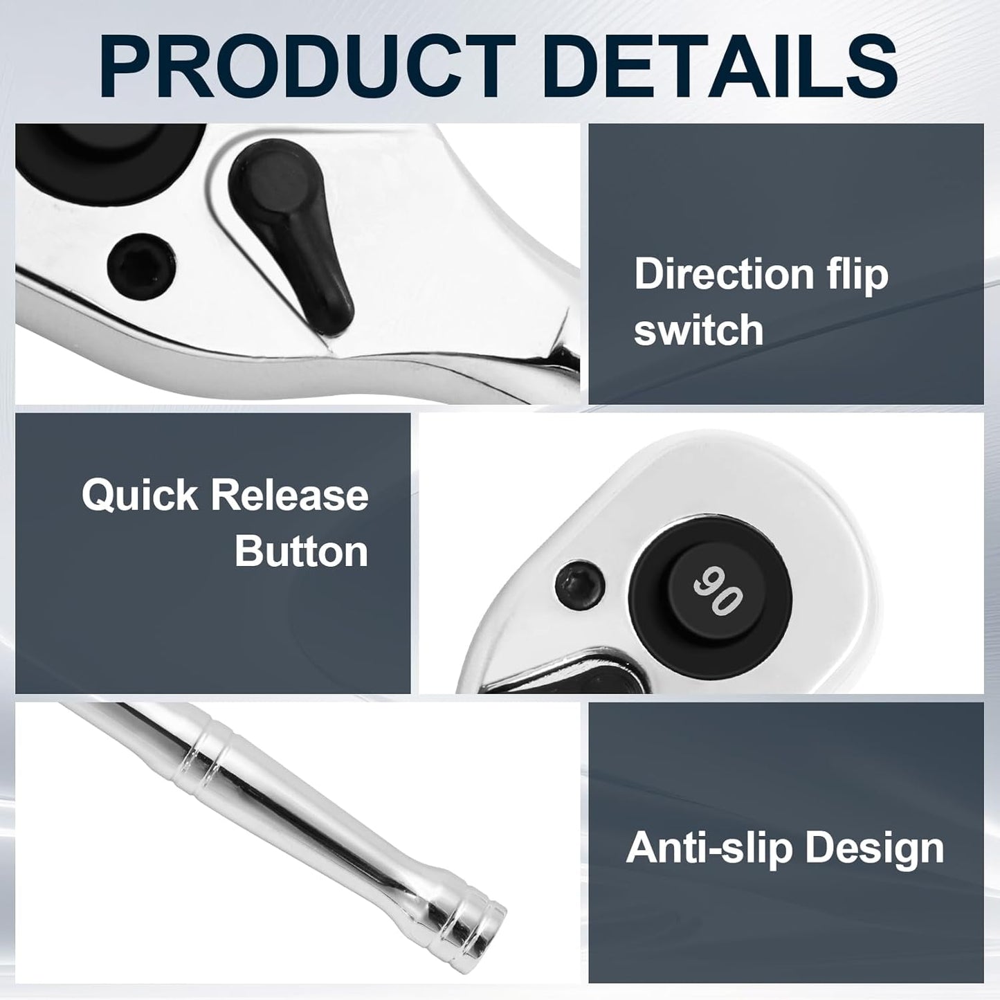 Biaungdo 1/4 Inch Drive Ratchet with 1/4" to 3/8" Adapter, 90-Tooth Reversible Quick-release Ratchet Wrench, Chrome Alloy Socket Wrench Set