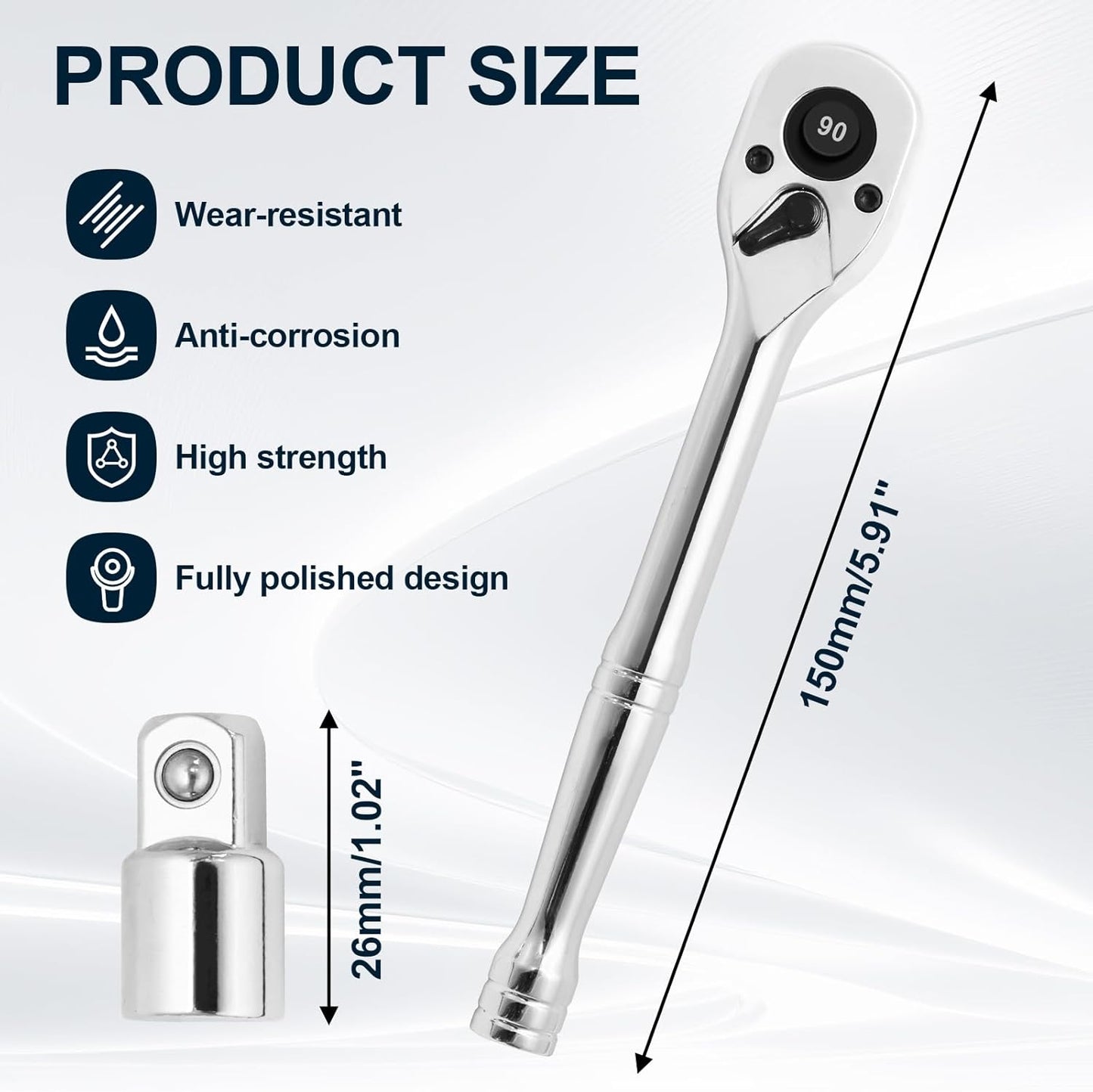 Biaungdo 1/4 Inch Drive Ratchet with 1/4" to 3/8" Adapter, 90-Tooth Reversible Quick-release Ratchet Wrench, Chrome Alloy Socket Wrench Set