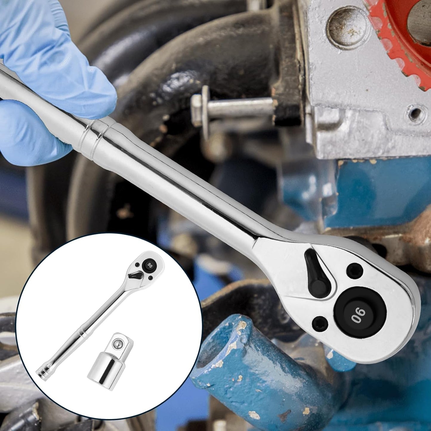 Biaungdo 1/4 Inch Drive Ratchet with 1/4" to 3/8" Adapter, 90-Tooth Reversible Quick-release Ratchet Wrench, Chrome Alloy Socket Wrench Set