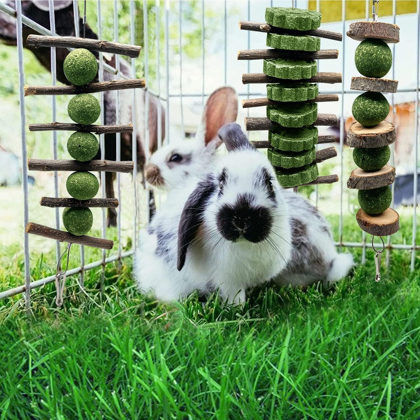 BallHull 3 Pcs Bunny Teeth Grinding Chew Toys, Apple Branch Chewing Sticks with Grass Ball and Grass Cake for Rabbits Bunnies Hamsters Guinea Pigs