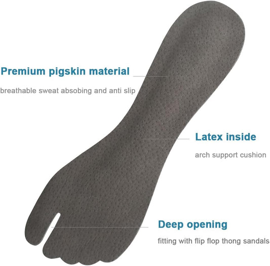 2 Pairs Pigskin Flip Flop Insoles Anti-Slip, Self Adhesive Cushion Insert for Thong Sandals Pain Relief, Arch Support Sandals Slippers Insoles Prevent Calluses, Black Gray, 5-7.5