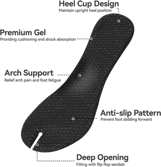 (2 Pairs) Flip Flop Insoles Arch Support, Gel Cushion Insoles for Thong Sandals, Self-Adhesive, Clear+Black, L for Women 8-11