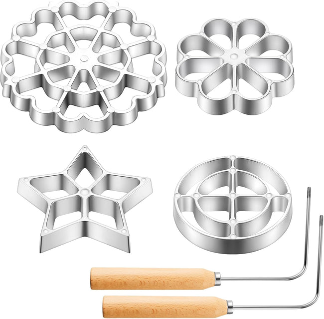 6 Pcs Rosette Iron Mold Set Bunuelos Mold with Handle Cooking Stamp Maker Kit Cookie Cutter Aluminum Alloy Waffle Maker with 3 Interchangeable Head Star Flower Circle(Wood) Hover Image