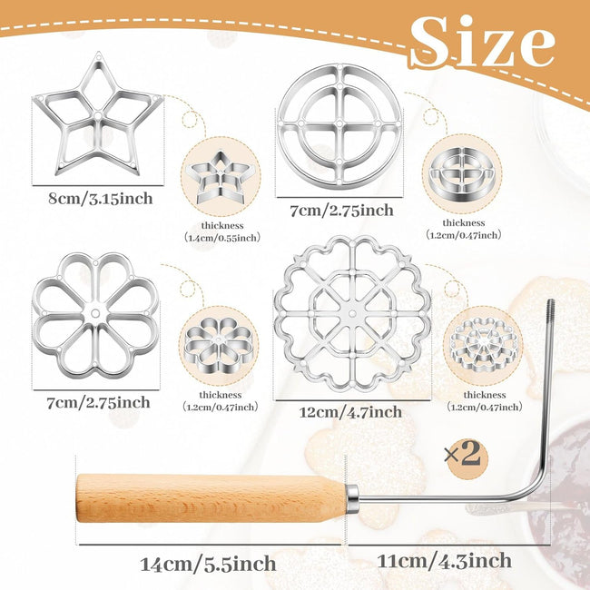 6 Pcs Rosette Iron Mold Set Bunuelos Mold with Handle Cooking Stamp Maker Kit Cookie Cutter Aluminum Alloy Waffle Maker with 3 Interchangeable Head Star Flower Circle(Wood) Main Image