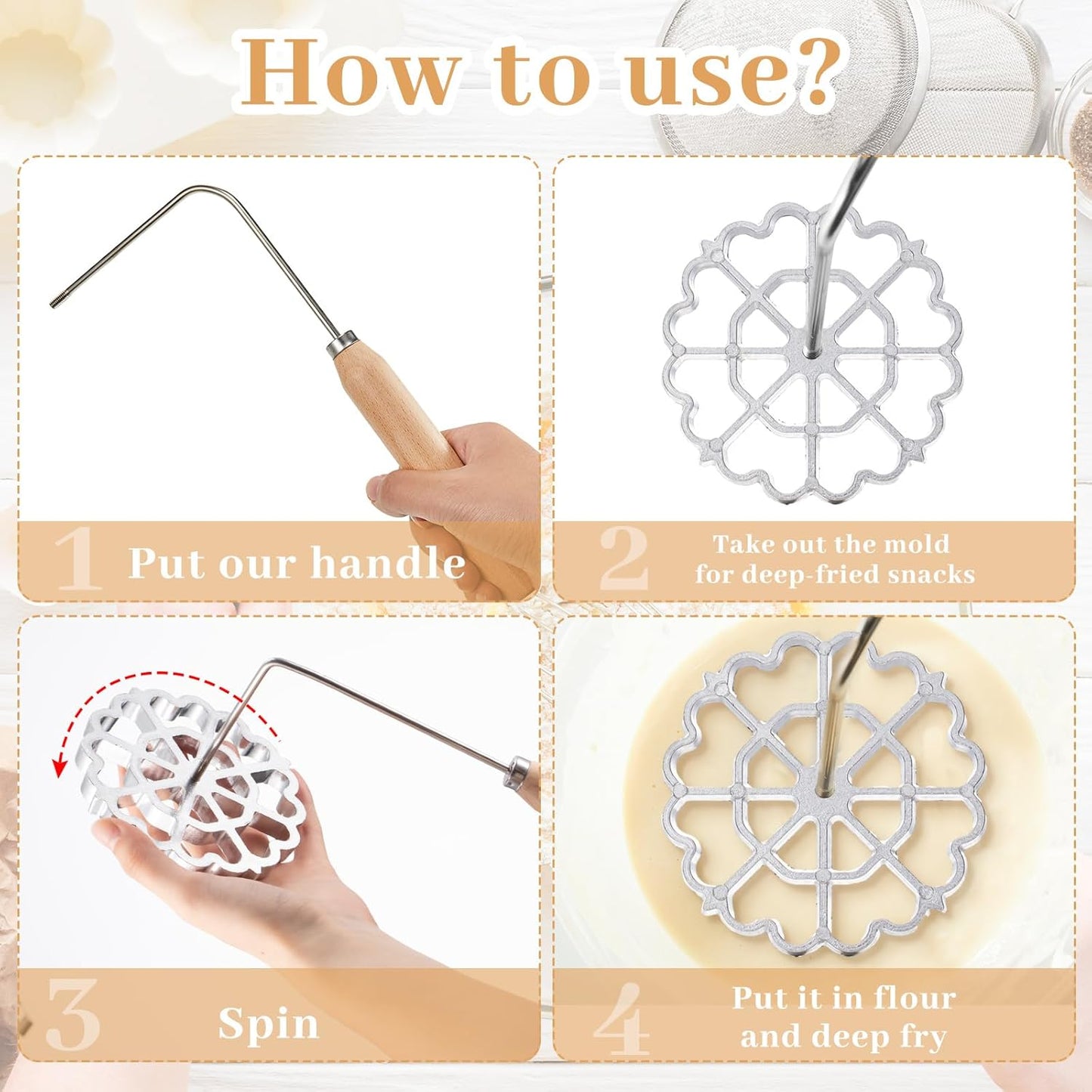 6 Pcs Rosette Iron Mold Set Bunuelos Mold with Handle Cooking Stamp Maker Kit Cookie Cutter Aluminum Alloy Waffle Maker with 3 Interchangeable Head Star Flower Circle(Wood)