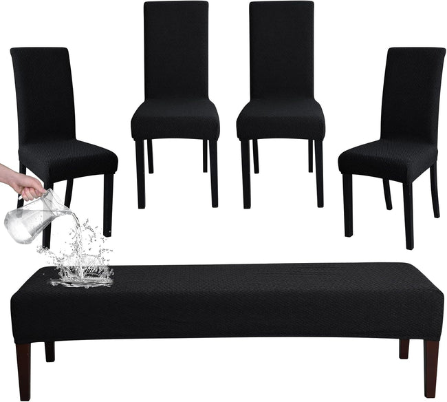 FORCHEER Dining Chair Covers and Bench Covers Set Waterproof Black Jacquard 4 Dining Room Chair and Bench Slipcover Washable Hover Image