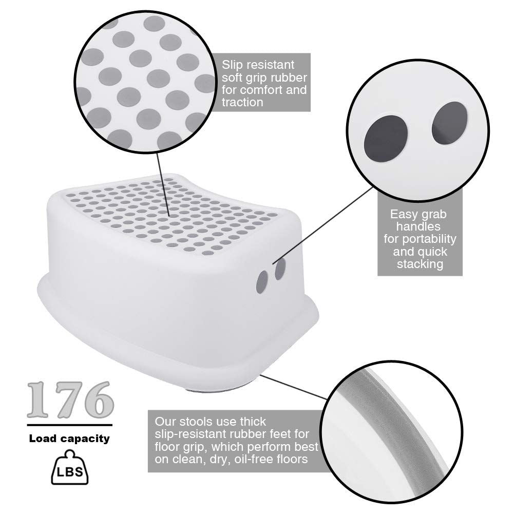 Step Stool or Kids (2 Pack), Toddlers Stool or Potty Training, Bathroom, Kitchen, Bedroom, Toy Room and Living Room. Toilet Stools with Sot Anti-Slip Grips or Saety, Stackable (Grey)