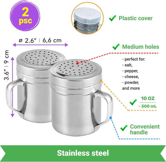 10 (2pcs) + 14oz o each Metal Salt Pepper Dredge + Parmesan Cheese Shakers - with Handles and Caps Bundle Main Image