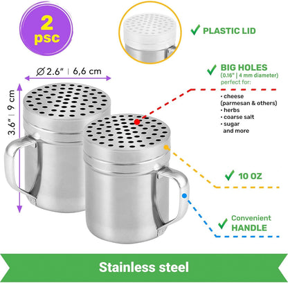 10 (2pcs) + 14oz o each Metal Salt Pepper Dredge + Parmesan Cheese Shakers - with Handles and Caps Bundle