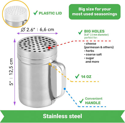 10 (2pcs) + 14oz o each Metal Salt Pepper Dredge + Parmesan Cheese Shakers - with Handles and Caps Bundle
