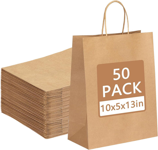 Moretoes 50pcs Brown Kraft Paper Bags - 10x5x13 Inches, Handles, Bulk - Retail & Shopping Bags for Birthday & Wedding Party Favors Hover Image
