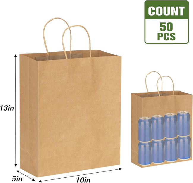 Moretoes 50pcs Brown Kraft Paper Bags - 10x5x13 Inches, Handles, Bulk - Retail & Shopping Bags for Birthday & Wedding Party Favors Main Image