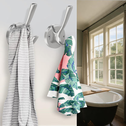 Brushed Nickel Wall Hooks Towel Hooks, 2 Pack Coat Robe Hook Heavy Duty Bathroom Double Hook Wall Mounted, Hand Towel Hooks for Closet Entryway Cubicle Kitchen