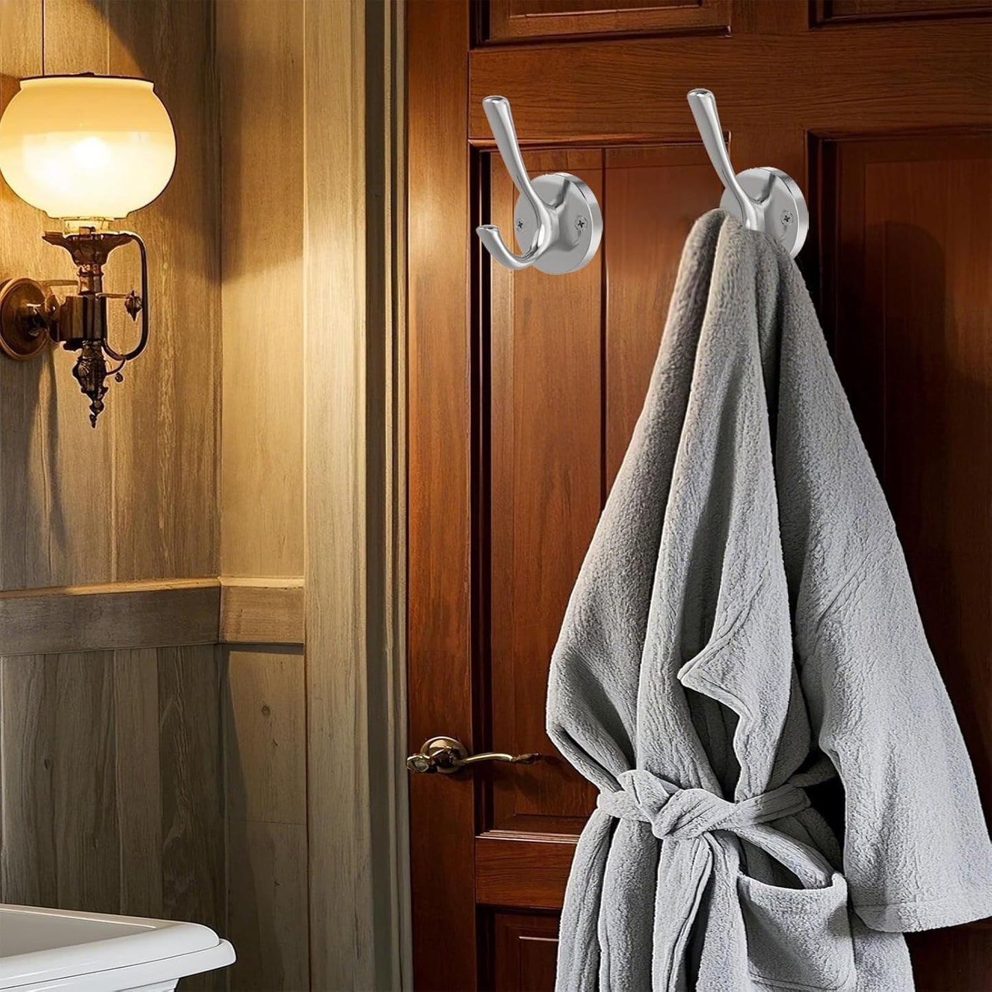 Brushed Nickel Wall Hooks Towel Hooks, 2 Pack Coat Robe Hook Heavy Duty Bathroom Double Hook Wall Mounted, Hand Towel Hooks for Closet Entryway Cubicle Kitchen