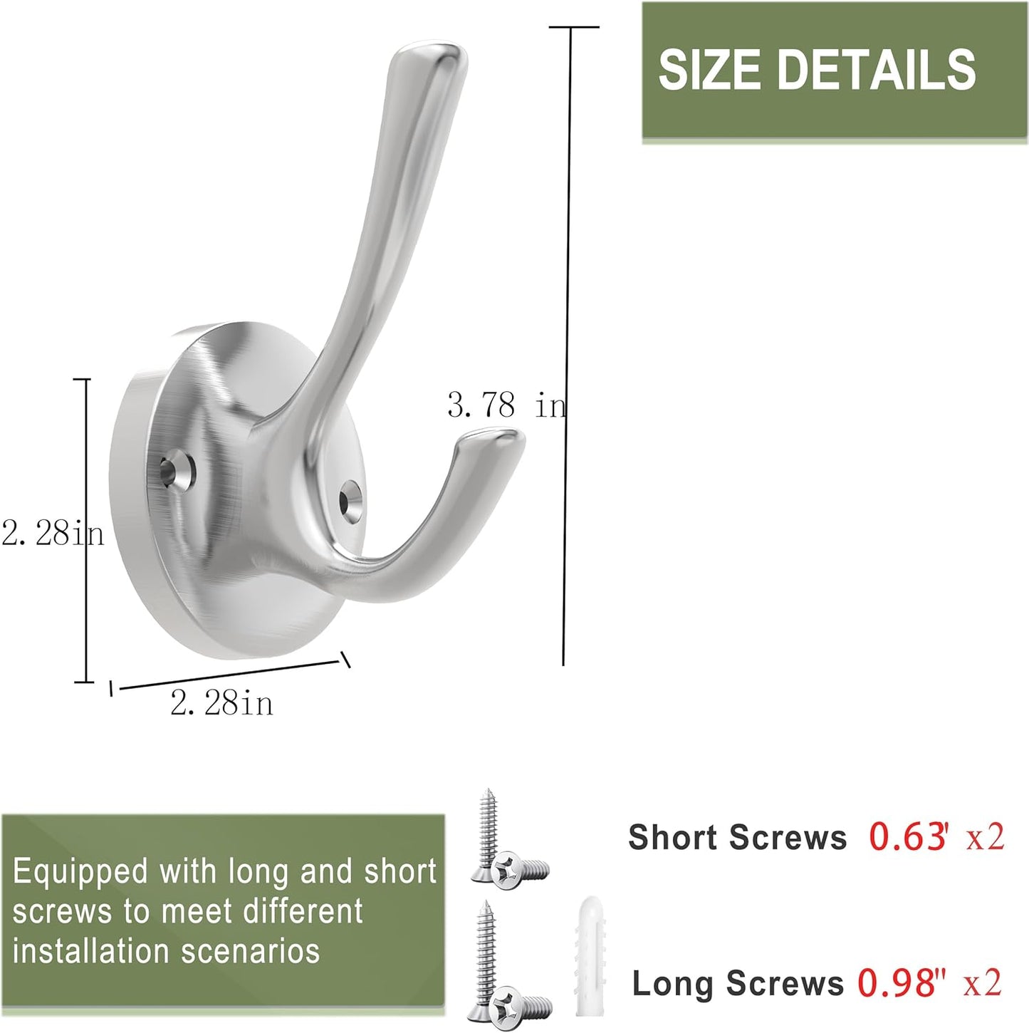 Brushed Nickel Wall Hooks Towel Hooks, 2 Pack Coat Robe Hook Heavy Duty Bathroom Double Hook Wall Mounted, Hand Towel Hooks for Closet Entryway Cubicle Kitchen