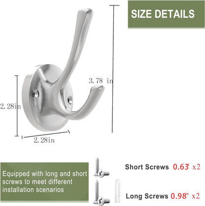 Brushed Nickel Wall Hooks Towel Hooks, 2 Pack Coat Robe Hook Heavy Duty Bathroom Double Hook Wall Mounted, Hand Towel Hooks for Closet Entryway Cubicle Kitchen