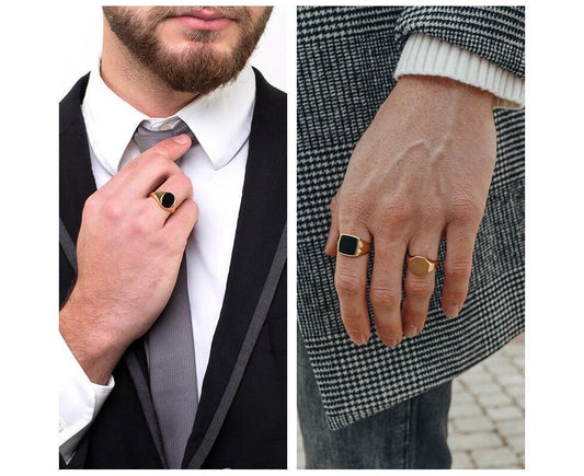 Stylish Signet Rings for Men Male Pinky Ring with Black Square CZ StoneGold Color Stainless Steel Metal Jewelry US Size 10