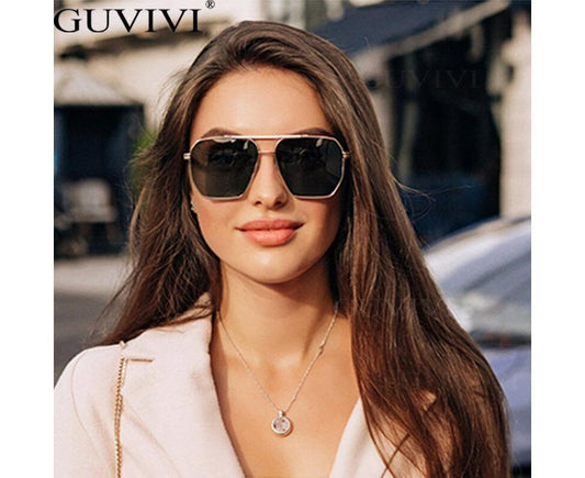 Retro Oversized Square Polarized Sunglasses for Women Men Vintage Double Bridge Shades UV400 Classic Large Metal Sun Glasses