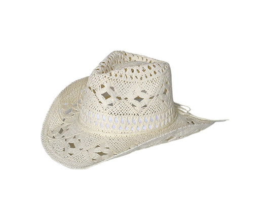 Straw Hat Ventilated Hollow Round Collapsible Western Cowboy Beach Hat Photo Props-Warm White