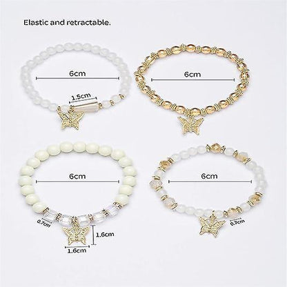 4pcs Set Bohemian Butterfly Crystal Stone Stretch Pendant Bracelets For Women Girls Gold Beaded Stackable Stretch Bracelet Colorful Charm Jewelry