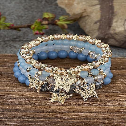 4pcs Set Bohemian Butterfly Crystal Stone Stretch Pendant Bracelets For Women Girls Gold Beaded Stackable Stretch Bracelet Colorful Charm Jewelry