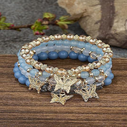 4pcs Set Bohemian Butterfly Crystal Stone Stretch Pendant Bracelets For Women Girls Gold Beaded Stackable Stretch Bracelet Colorful Charm Jewelry