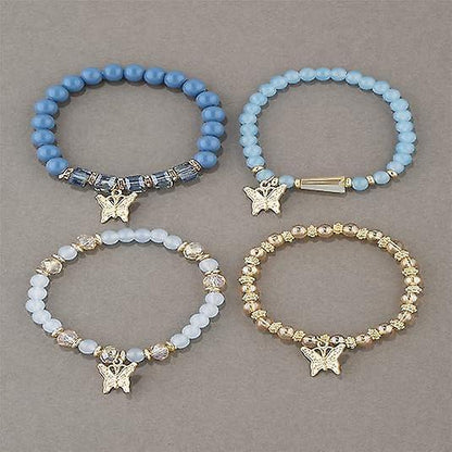 4pcs Set Bohemian Butterfly Crystal Stone Stretch Pendant Bracelets For Women Girls Gold Beaded Stackable Stretch Bracelet Colorful Charm Jewelry