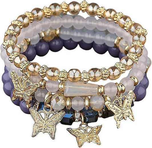 4pcs Set Bohemian Butterfly Crystal Stone Stretch Pendant Bracelets For Women Girls Gold Beaded Stackable Stretch Bracelet Colorful Charm Jewelry