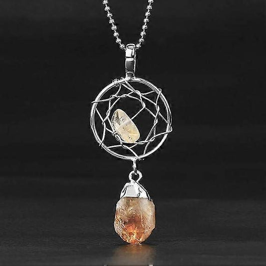 Crystal Pendant Necklace For Women - Hand Wrapped Dreamcatcher Pendant Necklace Natural Raw Stone Irregular Semi-Precious Stone Necklace