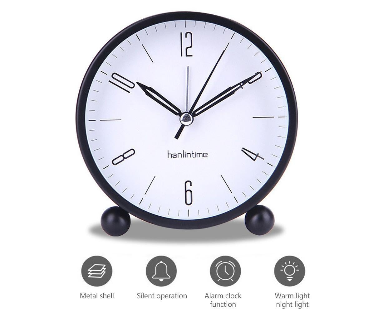 4inch Metal Round Alarm Clock Quiet Desktop Bedroom Battery Operated Timepiece - Black