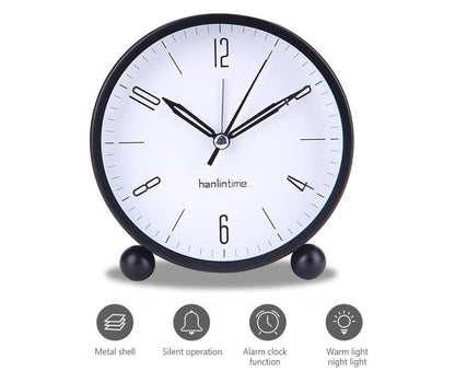 4inch Metal Round Alarm Clock Quiet Desktop Bedroom Battery Operated Timepiece - Black