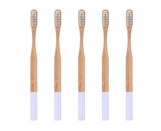 5Pcs Round Bamboo Handle Home Travel Adult Soft Bristles Dental Care Toothbrush-White