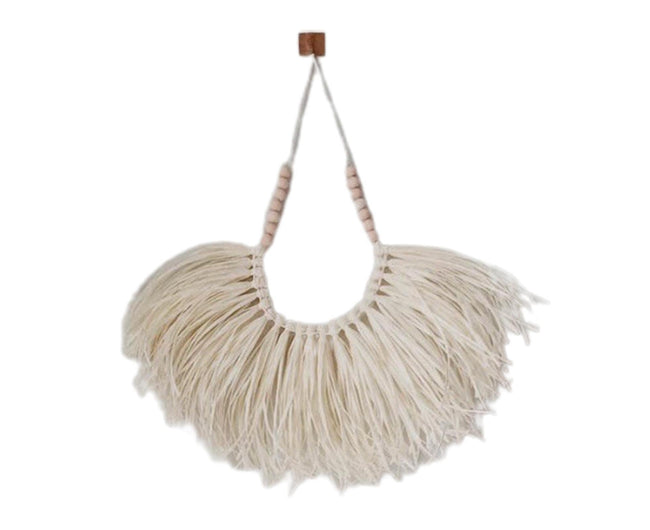 Vintage Handwoven Wall Hanging Wood Beads Elegant Straw Hanging Pendants for Office-Beige Main Image