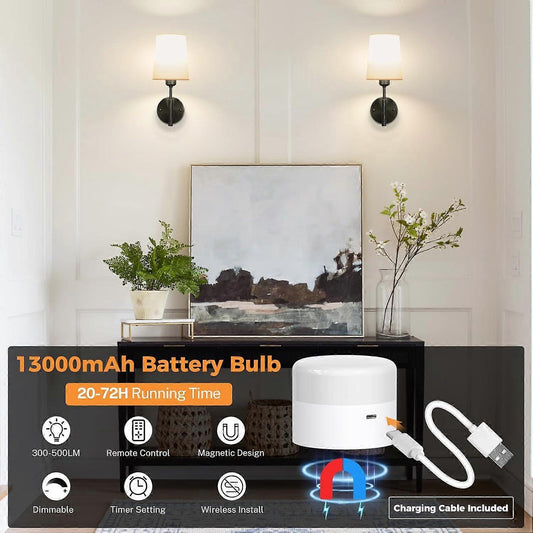 Battery Operated Wall Sconce Set of 2, LED, 13000mAh Rechargeable, Remote Dimmable