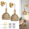 Battery Operated Wall Sconce Set of 2, Rechargeable Rattan LED, Remote, 3 Color Dimmable