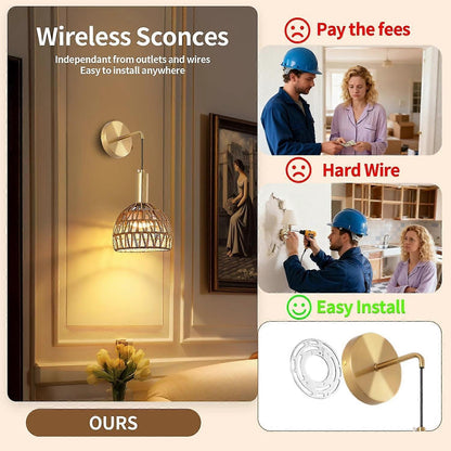 Battery Operated Wall Sconce Set of 2, Rechargeable Rattan LED, Remote, 3 Color Dimmable