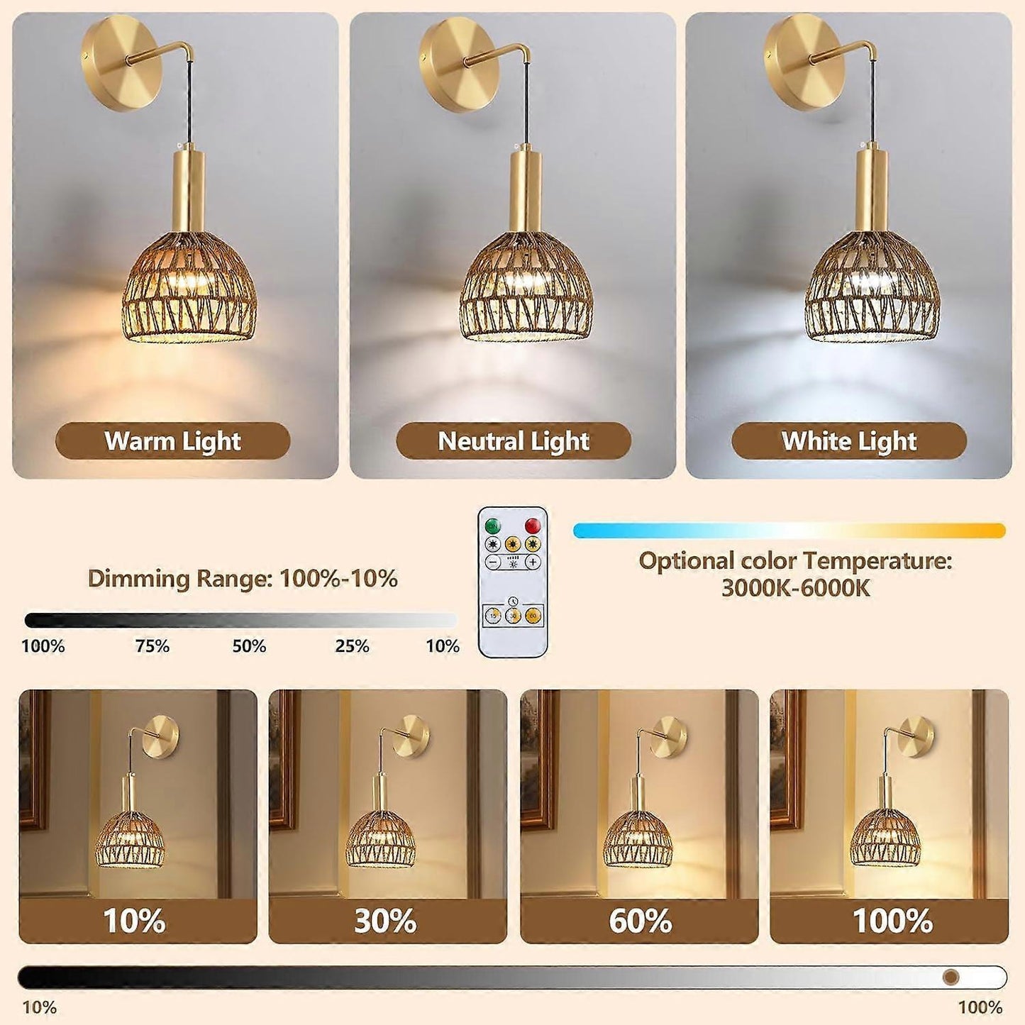 Battery Operated Wall Sconce Set of 2, Rechargeable Rattan LED, Remote, 3 Color Dimmable