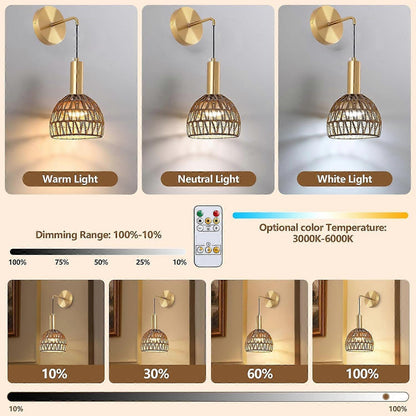 Battery Operated Wall Sconce Set of 2, Rechargeable Rattan LED, Remote, 3 Color Dimmable