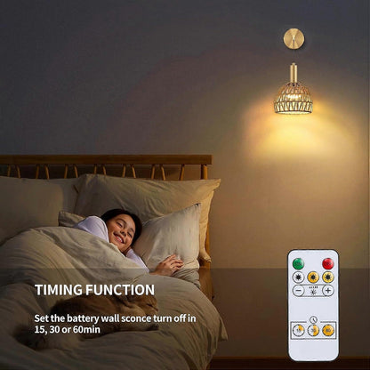 Battery Operated Wall Sconce Set of 2, Rechargeable Rattan LED, Remote, 3 Color Dimmable