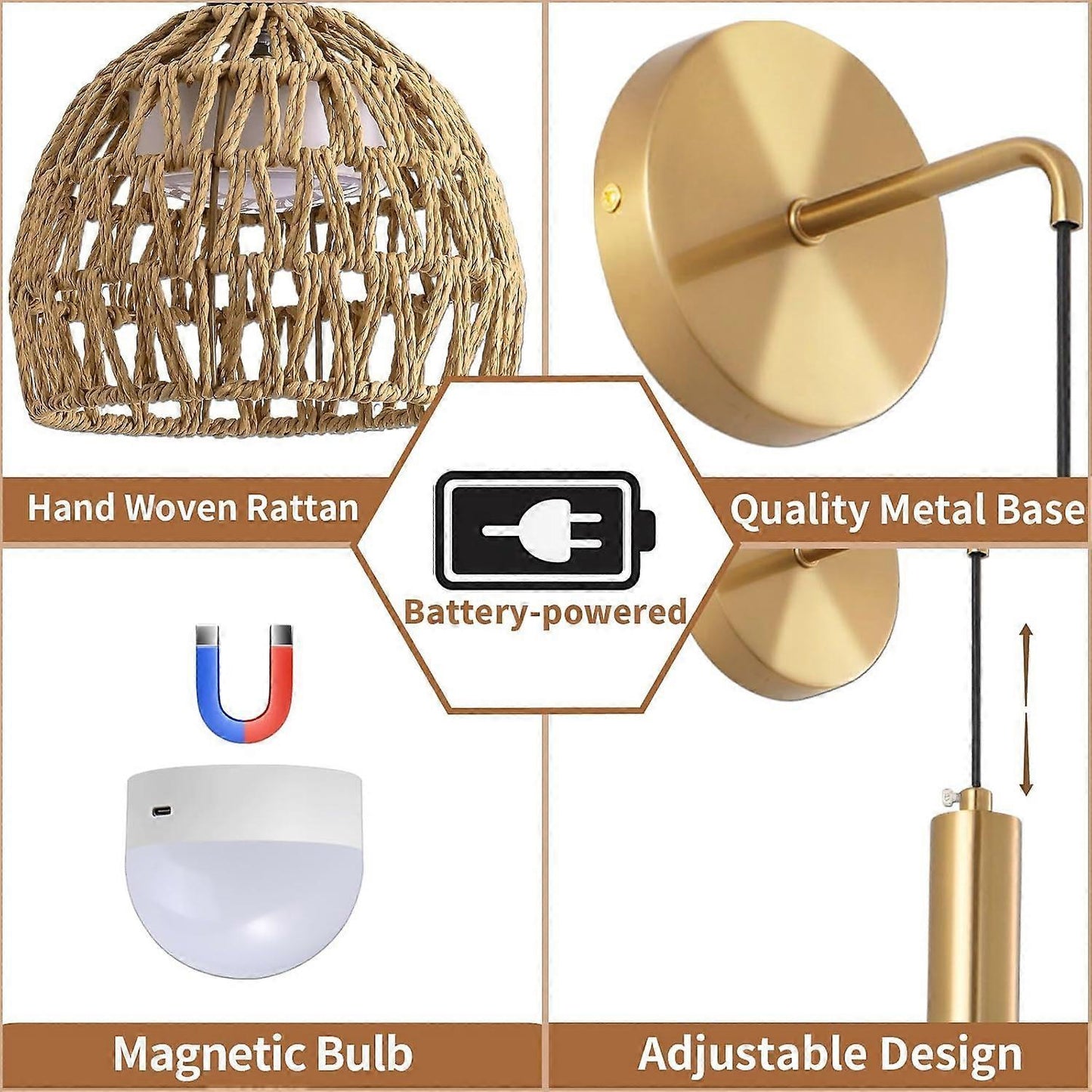 Battery Operated Wall Sconce Set of 2, Rechargeable Rattan LED, Remote, 3 Color Dimmable