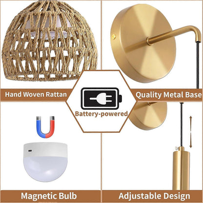 Battery Operated Wall Sconce Set of 2, Rechargeable Rattan LED, Remote, 3 Color Dimmable