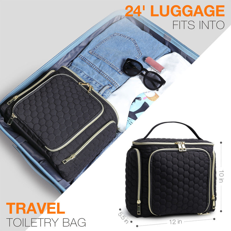 Travel Makeup Bag with Handle — Large Multi-Compartment Cosmetic Organizer, Portable Toiletry Bag for Women