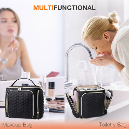 Travel Makeup Bag with Handle — Large Multi-Compartment Cosmetic Organizer, Portable Toiletry Bag for Women