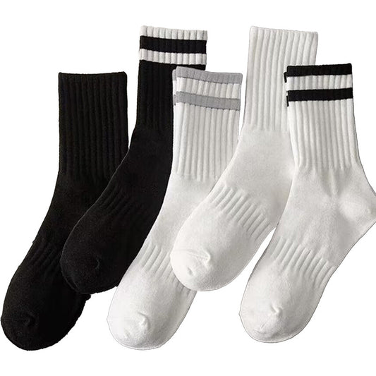 Mid-Calf Socks - 5-Pair Pack - Women's Socks - Men's Socks - Striped Socks - Solid Color Socks - Sports Socks