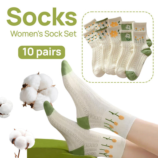 Socks - 10-Pack Women's Socks - Women's Instagram-Style - Casual Home Socks - Soft - Breathable - Versatile Spring/Summer Styles - Openwork - Fashionable Instagram Style - All-Season Styles - One-Size-Fits-All Women's Socks - 3D Embossed - Floral Patterns