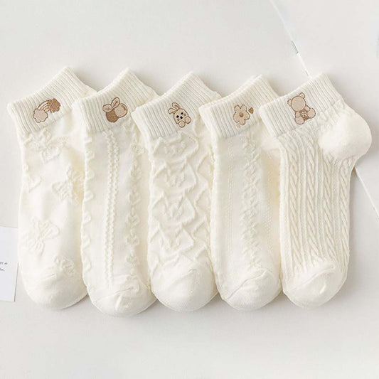 5-Pair White Series Ankle Socks, Women's Cute Socks - Printed Socks - House Socks - Casual Socks.