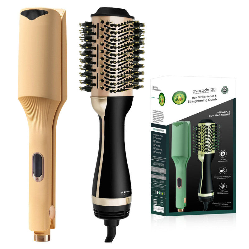 Yellow Curly Hair Straightener Avocado & Macadamia Oil Infused Hair Straightener & Volumizing Brush Set - Anti-Frizz Ceramic Ion Technology - LCD Precision Heat Control Up to 250°C - Healthy Glow Styling Kit for Smooth & Shiny Hair